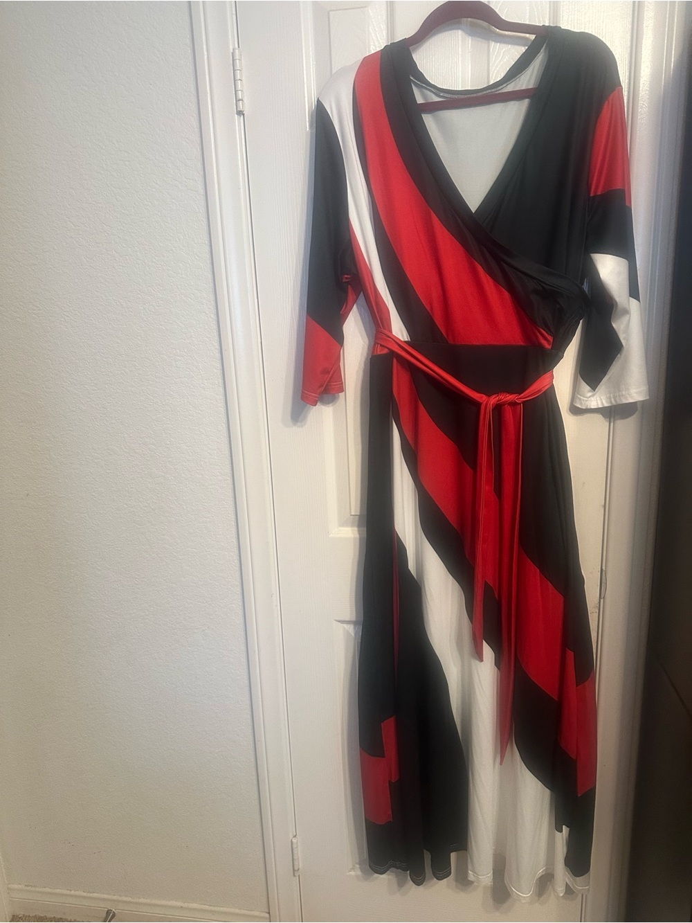 Red, Black & White Wrap Maxi Dress with Belt